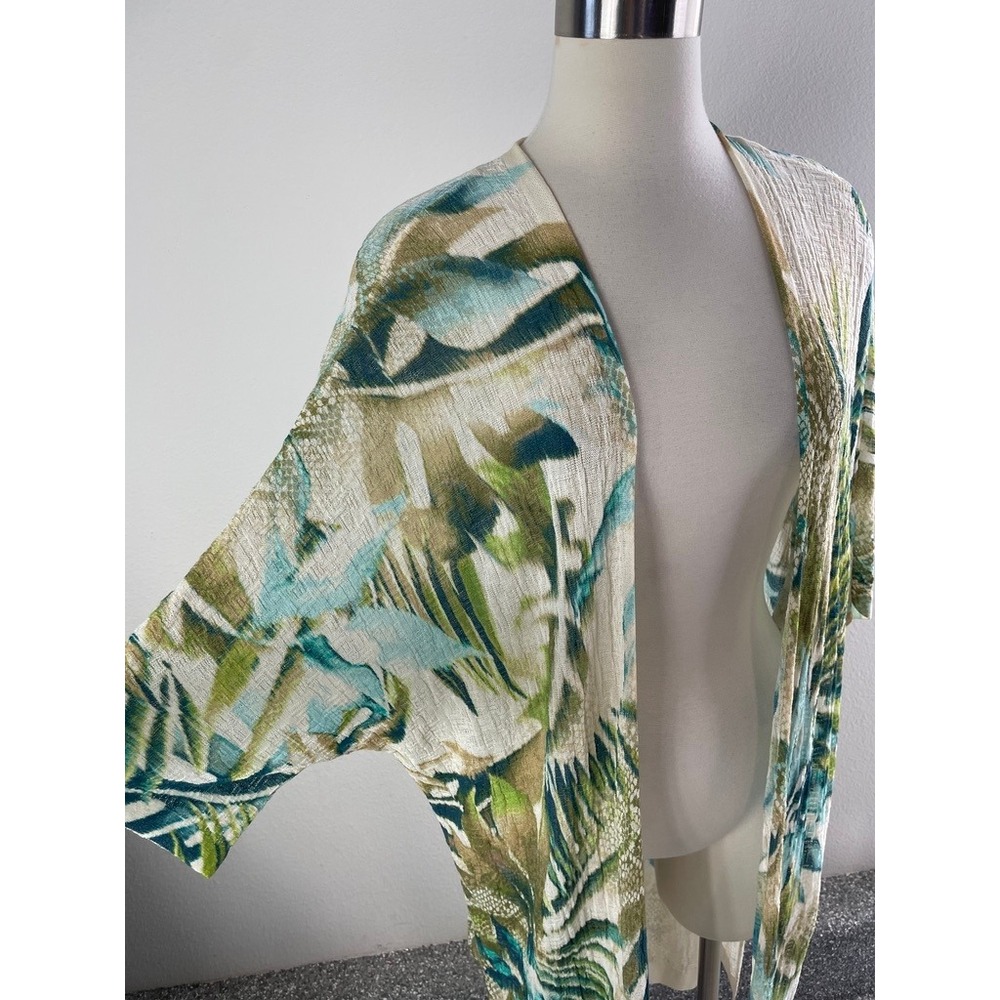 Chicos‎ Medium Tropical Palm Long Kimono Cardigan Green Teal Short Sleeve - Picture 6 of 9